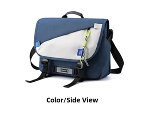Side view of a blue and gray messenger bag showing the buckle and green lanyard detail