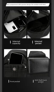 Detail view of the multi-pocket storage layout and anti-theft back pocket of the sling bag