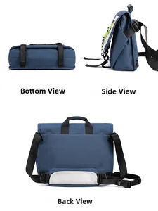 Three-view set showing bottom, side, and back of blue functional messenger shoulder bag