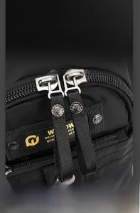 Detail view of smooth double metal zippers and high-density fabric on a black shoulder bag