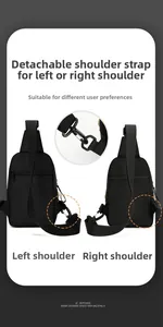 Detail of detachable shoulder strap hook and back anti-theft zipper on black sling bag