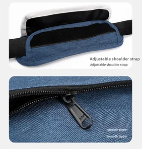 Detail of blue textured messenger bag with SBS metal zipper and detachable shoulder pad