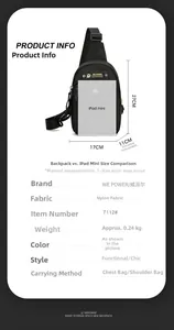 Detailed view of black tactical sling bag showing size dimensions and iPad mini comparison