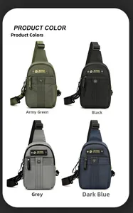 Crossbody chest bags shown in army green, black, grey, and blue water-resistant nylon