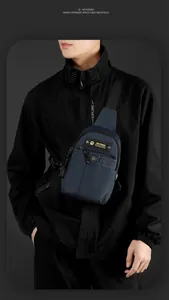 Detail of navy blue nylon crossbody bag with multiple functional zipper compartments