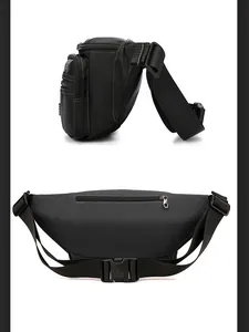 Vue détaillée du sac banane noir en nylon avec multiples fermetures éclair et poche antivol