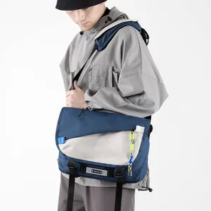 Men's large capacity crossbody messenger bag in navy and grey with adjustable strap