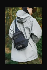 Detail of dark blue outdoor crossbody bag with MOLLE webbing and durable nylon fabric