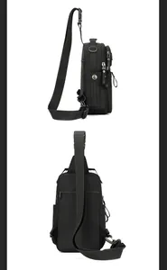 Detailed back and side view of black outdoor crossbody bag with multiple zipper pockets
