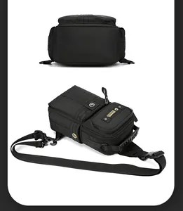 Close-up of black tactical nylon bag featuring multiple zipper pockets and quick release buckle