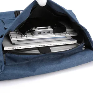 Large capacity blue messenger bag showing spacious interior for laptop and daily essentials