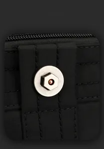 Detail of high-density fabric stitching and metal buckle on black crossbody bag