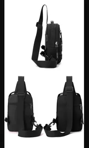 Detailed side view of a black nylon crossbody bag featuring durable zippers and straps