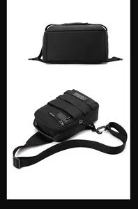 Close-up of black tactical crossbody bag with reinforced metal clips and zip compartments
