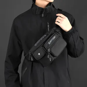 Sac de poitrine fonctionnel pour homme noir avec plusieurs poches en nylon