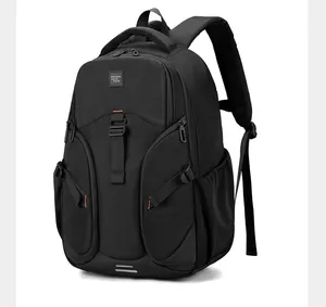 Close-up of the waterproof nylon backpack featuring a zipper pocket and orange stitching