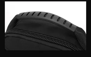 Macro view of reinforced anti-slip handle and dual zipper texture on black nylon bag