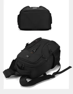 Detail view of water-resistant black backpack with durable buckles and mesh straps