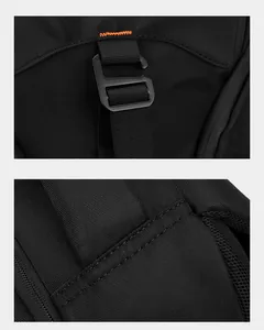 Detail of backpack showing durable nylon straps with reinforced orange stitching and buckles