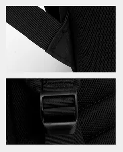 Detail of reinforced stitching, leather patches and 3D mesh on black backpack straps