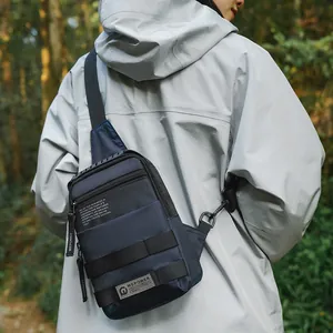 Urban outdoor dark blue nylon crossbody chest bag with adjustable strap and multiple pockets