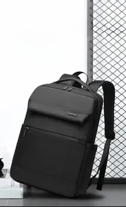Close-up of waterproof business backpack with durable fabric and metal logo detail