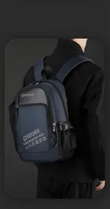 Rear view of model wearing a navy blue large capacity backpack with smart storage pockets