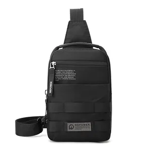Urban outdoor black nylon chest bag with multiple zipper pockets and shoulder strap