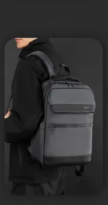 Smart storage laptop backpack detail showing waterproof fabric and leather stitching