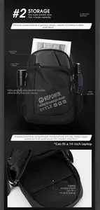 Detail view of large capacity black backpack with dedicated laptop sleeve and side pockets