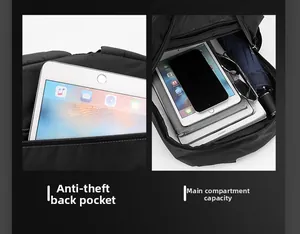 Detailed view of the anti-theft back pocket and spacious main compartment of the black backpack