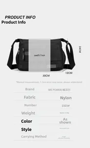 Specifiche dimensionali per borsa a tracolla in nylon impermeabile di 35x24x12cm di misura