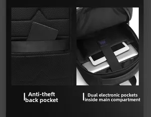 Detail of laptop backpack showing anti-theft back pocket and dual electronic slots
