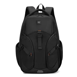 Black large capacity men's business travel backpack with orange stitching and reflective strips
