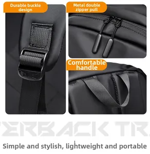 Detail view of adjustable plastic buckle, metal dual zippers, and sturdy handle on black backpack