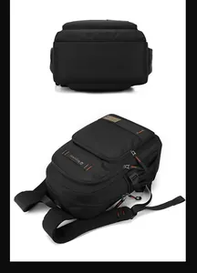 Detail view of the breathable mesh back padding and orange zipper accents on black backpack
