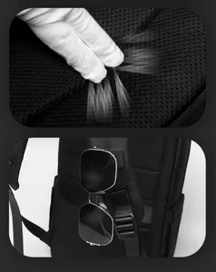 Detail of breathable honeycomb back mesh and shoulder strap sunglass hook on business backpack