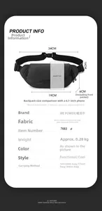 Tableau des tailles détaillé d'un sac bandoulière noir étanche avec dimensions et mobile
