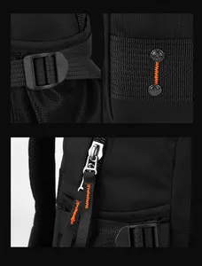 Detailed macro view of black nylon backpack with orange reinforced stitching and metal zipper