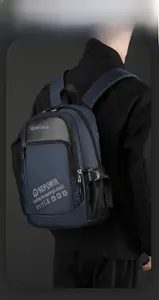 Side view of large navy backpack with waterproof fabric and leather detail
