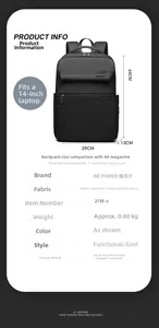 Detailed size chart of the black 1680D ballistic nylon 14 inch laptop backpack