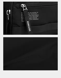 Dettaglio macro del tessuto in nylon nero impermeabile con zip e cinturino con logo
