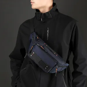 Navy blue waterproof crossbody bag for outdoor running and cycling with orange zipper pulls