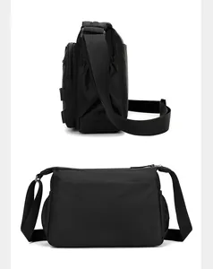 Vista dettagliata della borsa a tracolla nera resistente all'acqua con cerniera multistrato e nylon