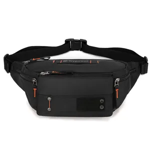 Waterproof black outdoor waist bag with orange stitching and adjustable strap
