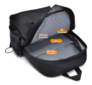 Interior detail of commuter backpack showing phone pocket and compartment lining
