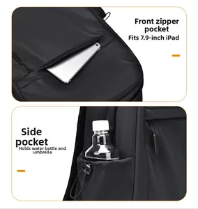 Black backpack featuring a front zipper pocket for iPad and side drawstring water bottle pocket