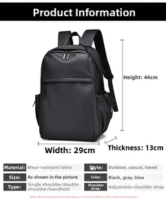Detailed size chart for a 44x29x13cm durable business backpack with capacity info