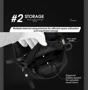 Detail view of nylon crossbody bag interior with functional compartments and zipper pocket