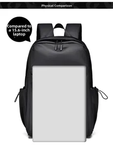 Size comparison of a 15.6 inch laptop with a black business commuter backpack
